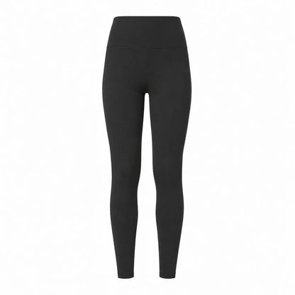 Folded pair of Jezebel velvety black leggings on a wooden surface showing the soft peached fabric texture and wide high-rise waistband.