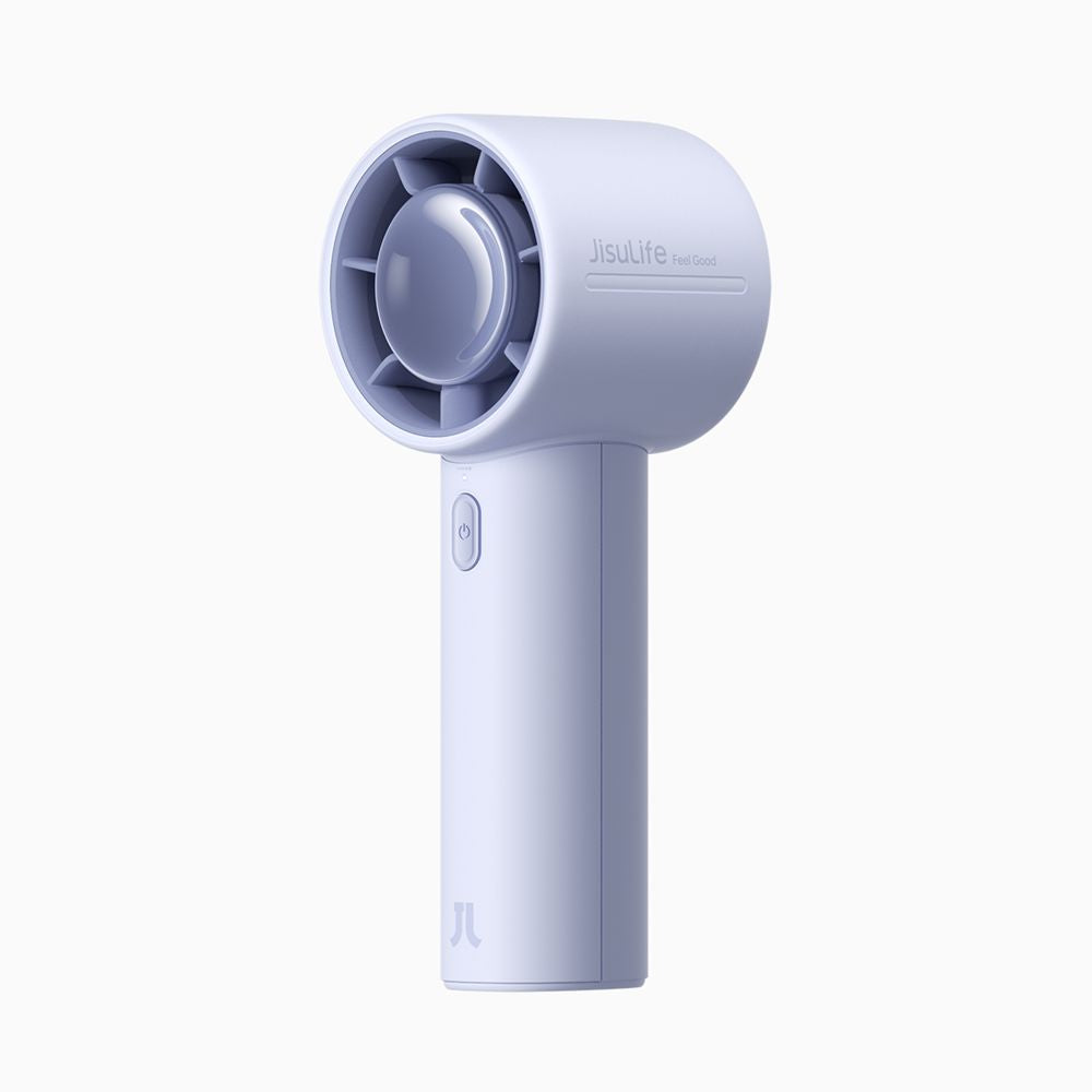 Front profile view of the sleek blue JisuLife Life10S handheld fan resting upright on a sunlit wooden desk.
