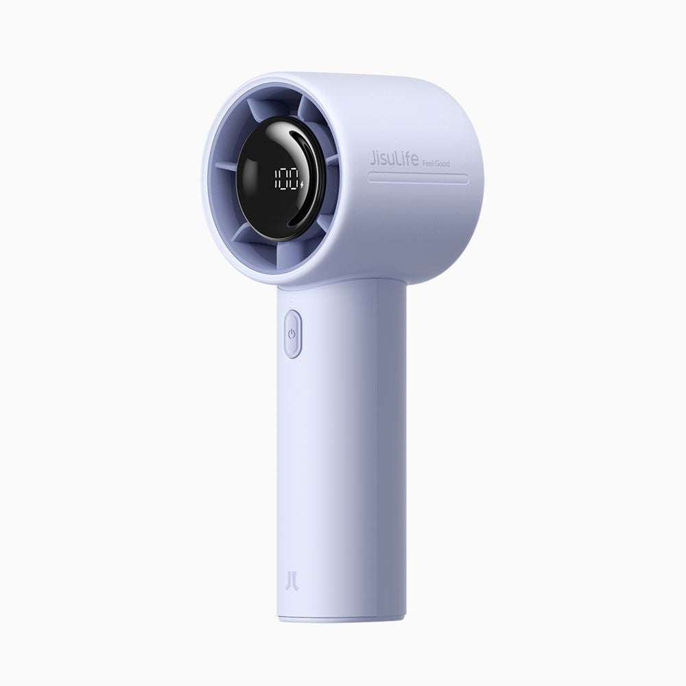 Close-up front view of the blue JisuLife Life10S handheld fan showing its digital LED screen, five-blade guard, and compact ergonomic handle on a clean background.