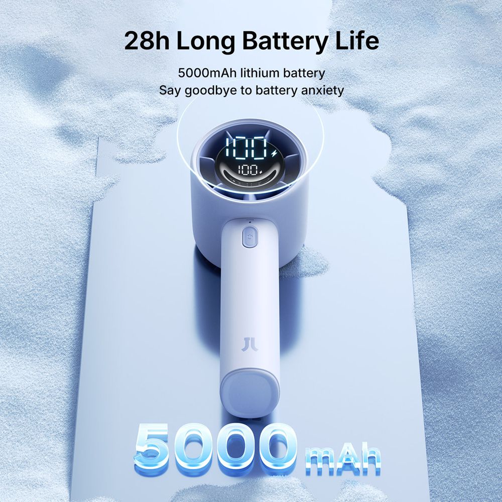 Close-up front view of the blue JisuLife Life10S handheld fan showing its digital LED screen, five-blade guard, and compact ergonomic handle on a clean background.