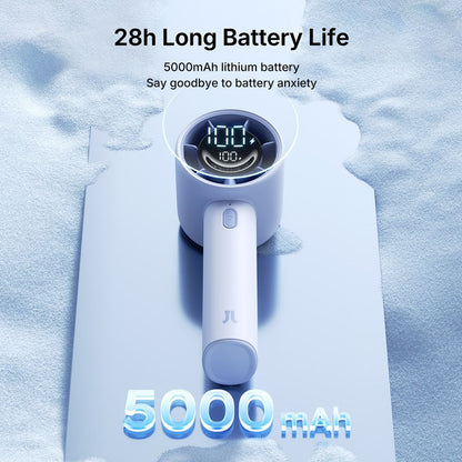 Close-up front view of the blue JisuLife Life10S handheld fan showing its digital LED screen, five-blade guard, and compact ergonomic handle on a clean background.