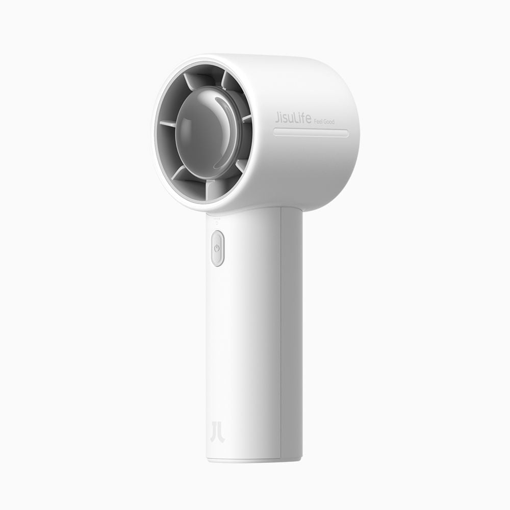 Front view of the matte brown JisuLife Life10S handheld fan standing upright on a clean desk surface showing its minimalist 5-speed control button.