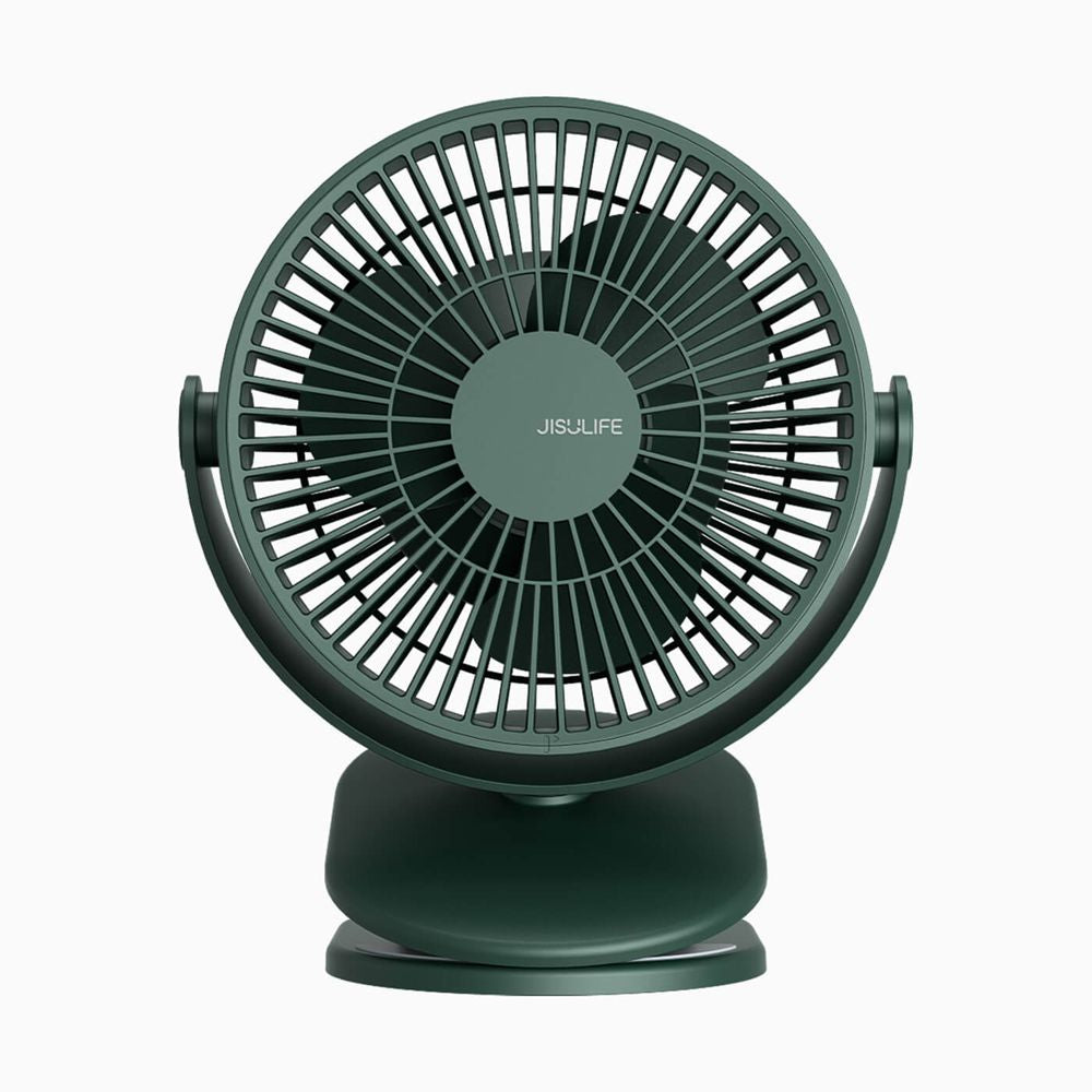 JisuLife Life1 Clip Fan in pink secured to a wooden desk edge next to a laptop at Elite Store.