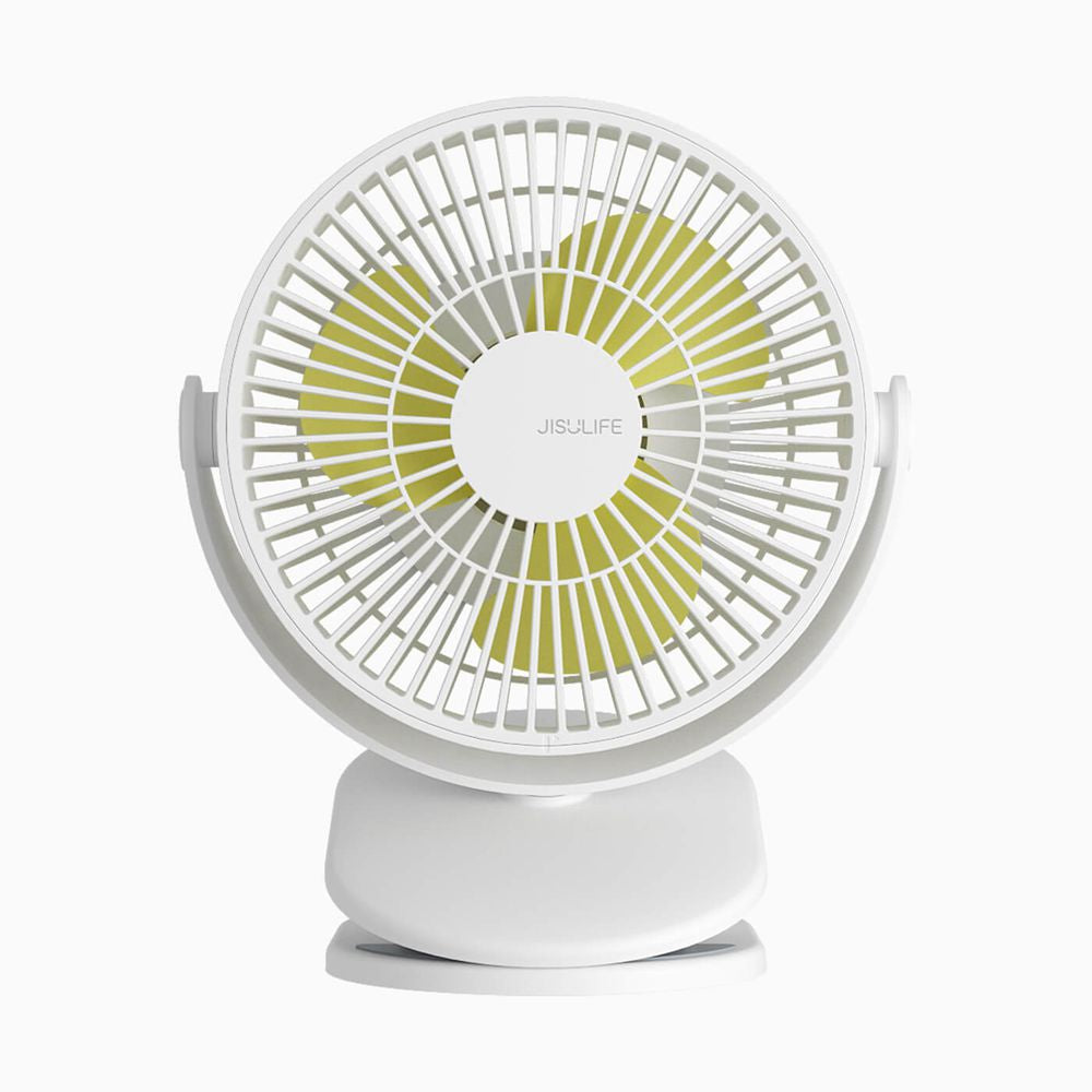 JisuLife Life1 Clip Fan in pink secured to a wooden desk edge next to a laptop at Elite Store.