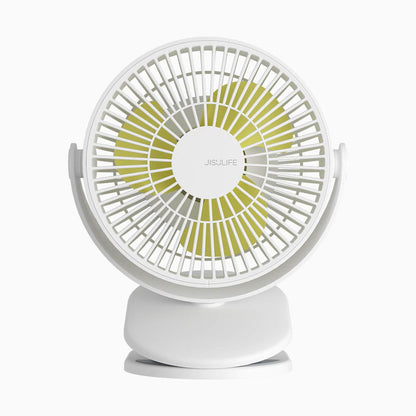JisuLife Life1 Clip Fan in pink secured to a wooden desk edge next to a laptop at Elite Store.