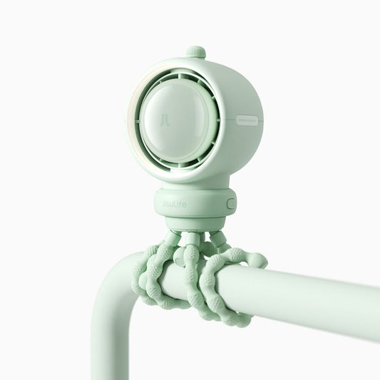 Close up of the JisuLife Life2S wearable fan neck collar and LED display screen showing the 100 speed control knob.
