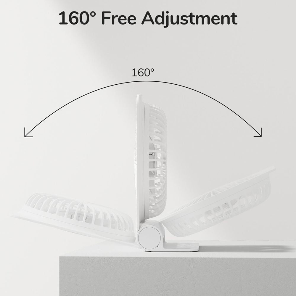 JisuLife Life3 4500mAh table fan tilted upright on a desk, highlighting extended battery capacity and 160° rotation design
