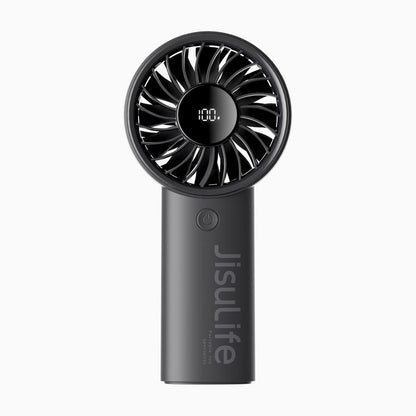 JisuLife Life4 5000mAh handheld fan with digital display showing battery percentage level.