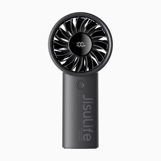 JisuLife Life4 5000mAh handheld fan with digital display showing battery percentage level.