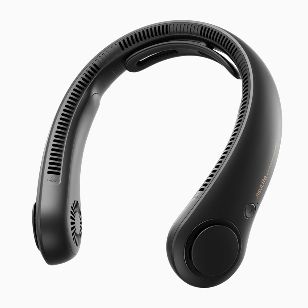 Front view of a person wearing the JisuLife Life4 Neck Fan in a modern style, illustrating its hands-free use and 360-degree cooling airflow.