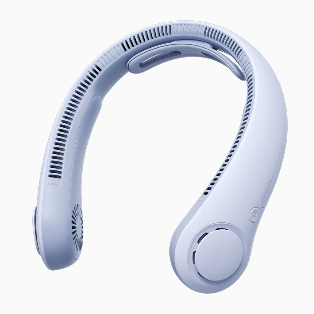 Front view of a person wearing the JisuLife Life4 Neck Fan in a modern style, illustrating its hands-free use and 360-degree cooling airflow.