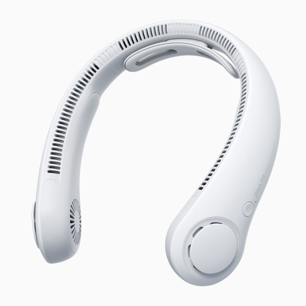 Front view of a person wearing the JisuLife Life4 Neck Fan in a modern style, illustrating its hands-free use and 360-degree cooling airflow.