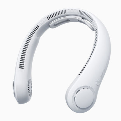 Front view of a person wearing the JisuLife Life4 Neck Fan in a modern style, illustrating its hands-free use and 360-degree cooling airflow.