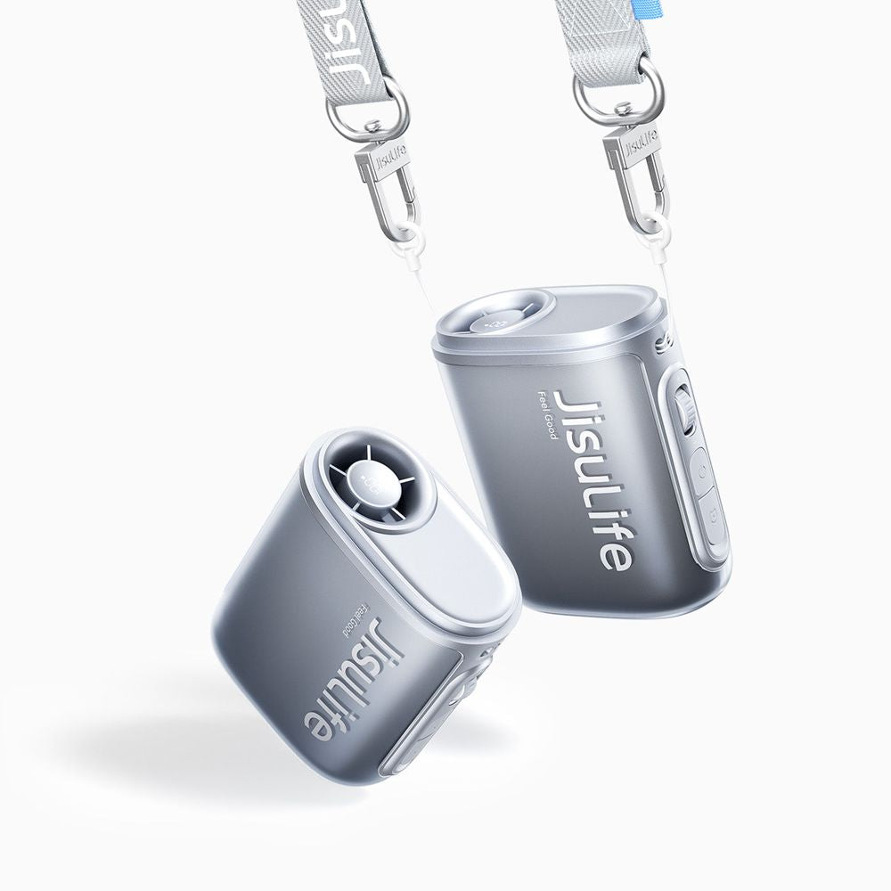 JisuLife Life5 wearable neck fan in premium ABS material showing the smart LED battery and speed display screen.