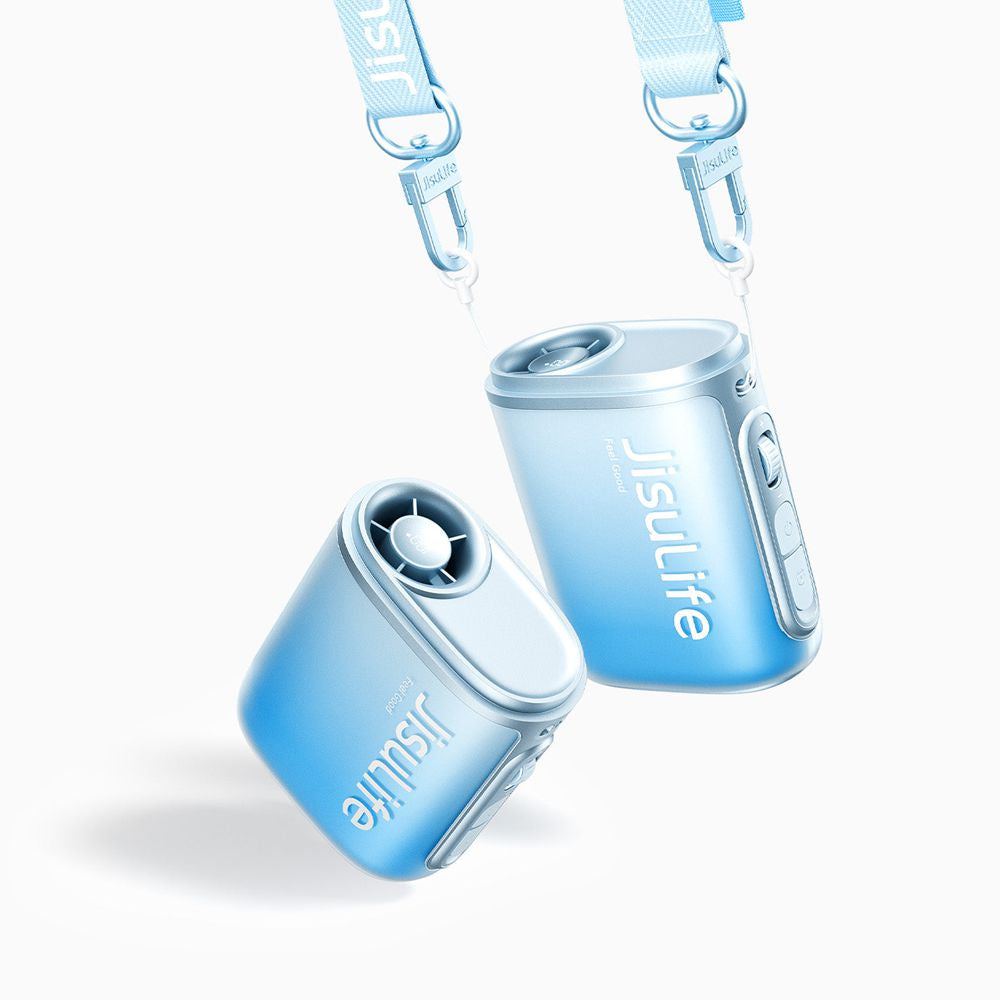 JisuLife Life5 wearable neck fan in premium ABS material showing the smart LED battery and speed display screen.