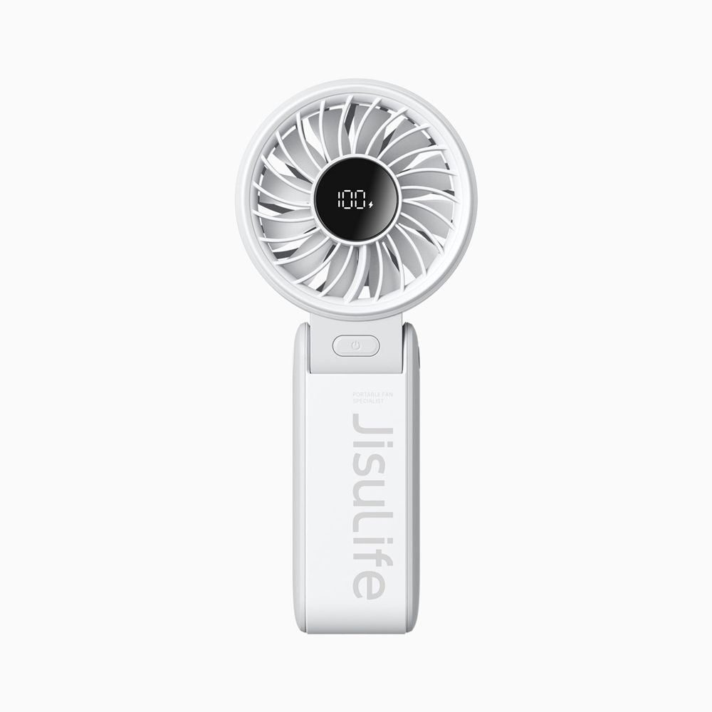 JisuLife Life7 5000mAh handheld fan displaying real-time battery percentage on its smart LED screen.