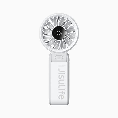 JisuLife Life7 5000mAh handheld fan displaying real-time battery percentage on its smart LED screen.