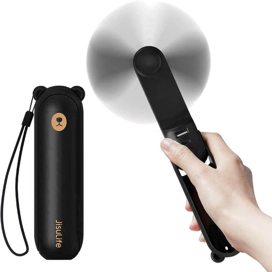 Portable JisuLife Life8 Plus 3-in-1 fan and power bank being used as a backup phone charger.
