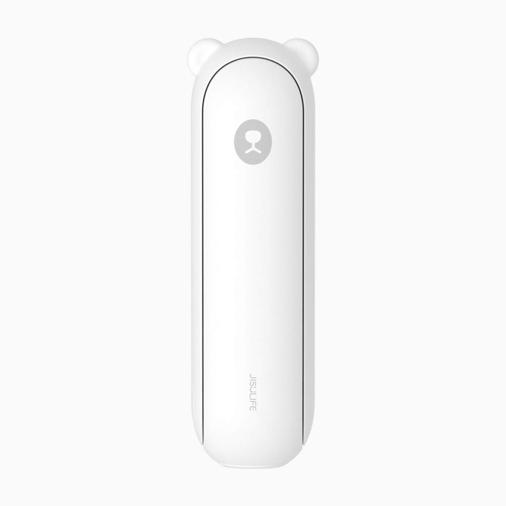 Portable JisuLife Life8 Plus 3-in-1 fan and power bank being used as a backup phone charger.
