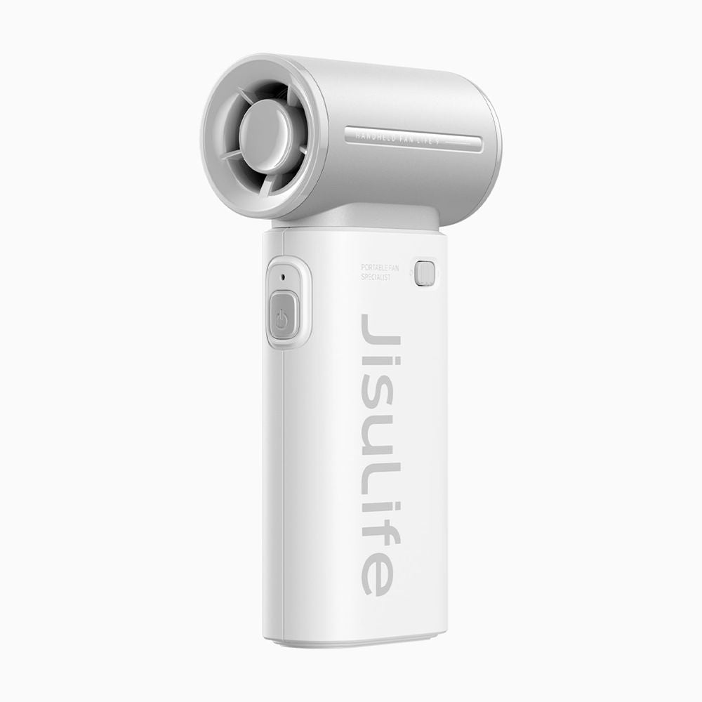 JisuLife Life9 5000mAh handheld fan showing its ultra-lightweight 5.62 oz body and high-velocity turbine head.