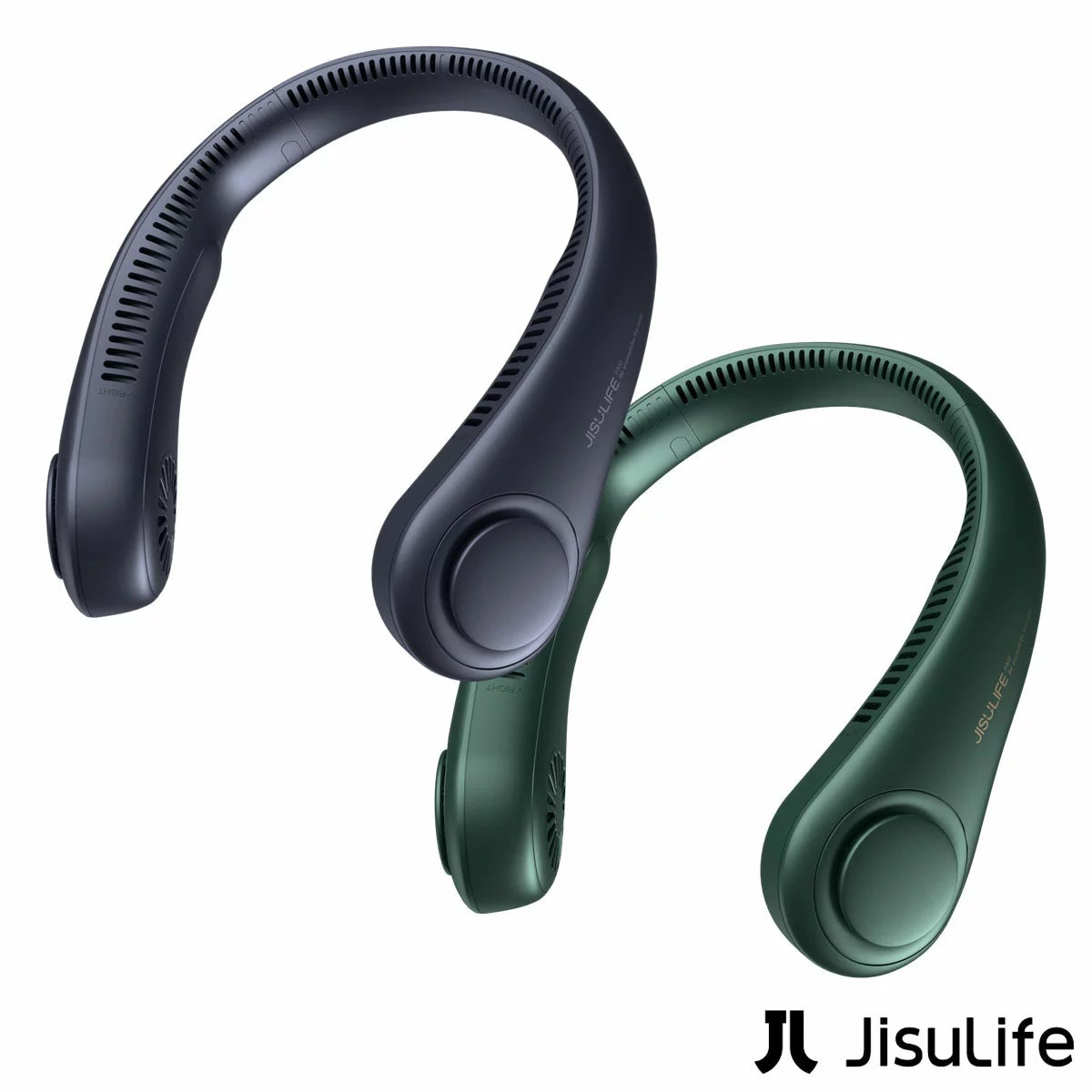 Blue JisuLife Portable Neck Fan 3 resting on a plain white surface, showcasing the flexible band, bladeless side vents, and digital control button.