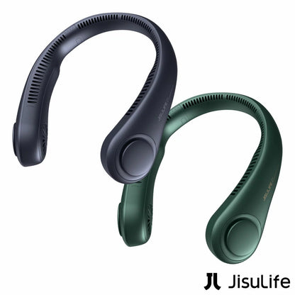 Blue JisuLife Portable Neck Fan 3 resting on a plain white surface, showcasing the flexible band, bladeless side vents, and digital control button.