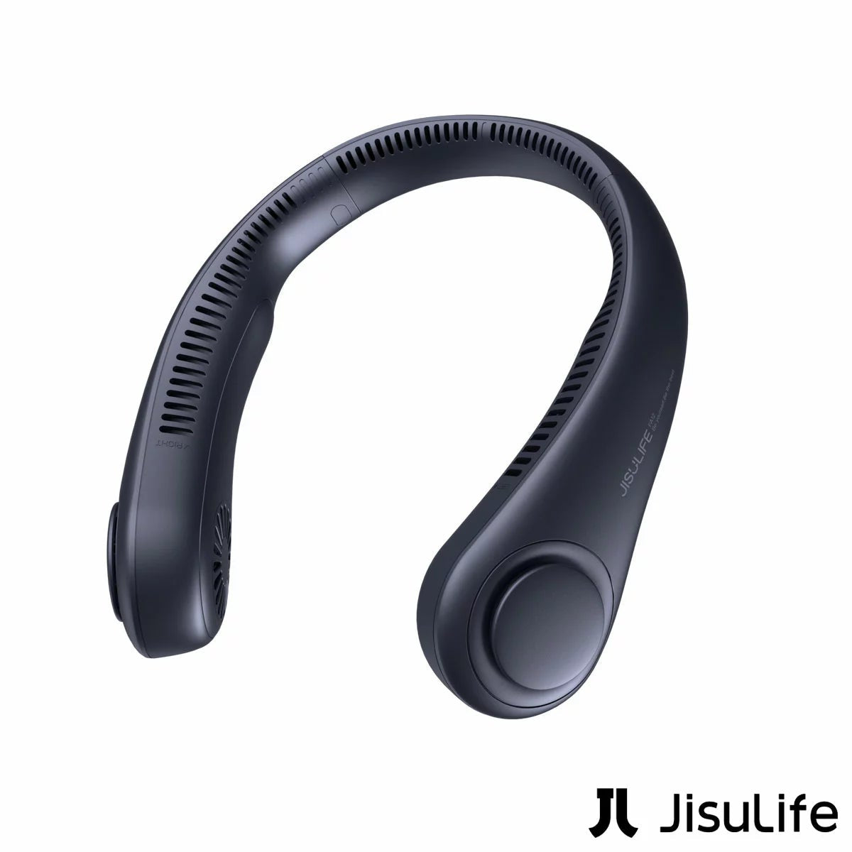 Blue JisuLife Portable Neck Fan 3 resting on a plain white surface, showcasing the flexible band, bladeless side vents, and digital control button.