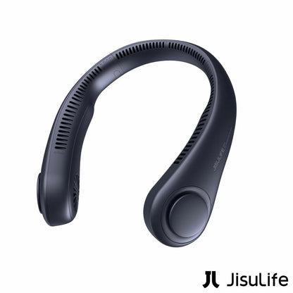 Blue JisuLife Portable Neck Fan 3 resting on a plain white surface, showcasing the flexible band, bladeless side vents, and digital control button.