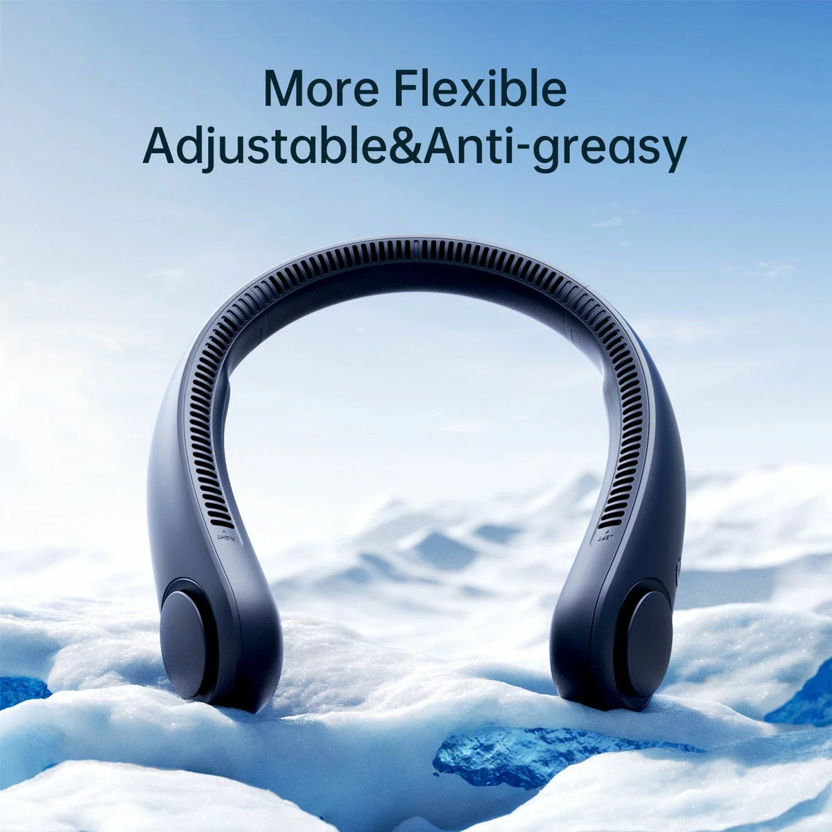 Blue JisuLife Portable Neck Fan 3 resting on a plain white surface, showcasing the flexible band, bladeless side vents, and digital control button.