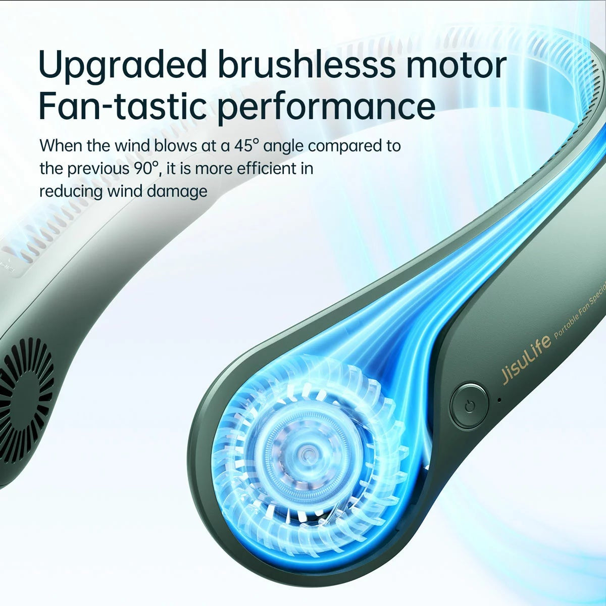 Blue JisuLife Portable Neck Fan 3 resting on a plain white surface, showcasing the flexible band, bladeless side vents, and digital control button.