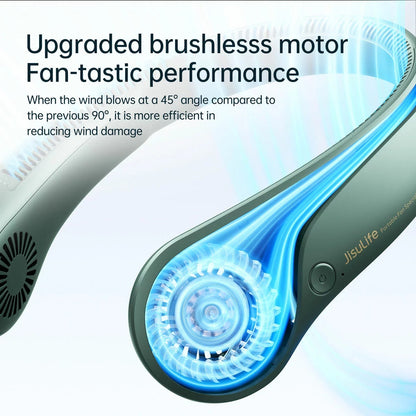 Blue JisuLife Portable Neck Fan 3 resting on a plain white surface, showcasing the flexible band, bladeless side vents, and digital control button.