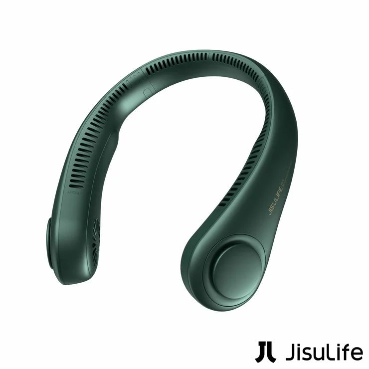 Blue JisuLife Portable Neck Fan 3 resting on a plain white surface, showcasing the flexible band, bladeless side vents, and digital control button.