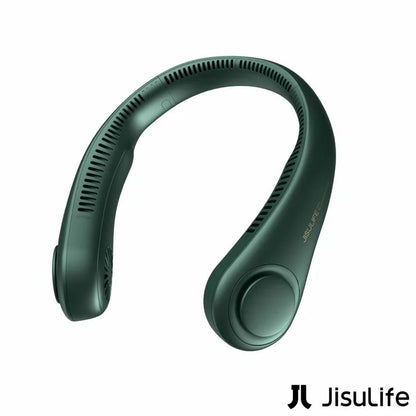 Blue JisuLife Portable Neck Fan 3 resting on a plain white surface, showcasing the flexible band, bladeless side vents, and digital control button.