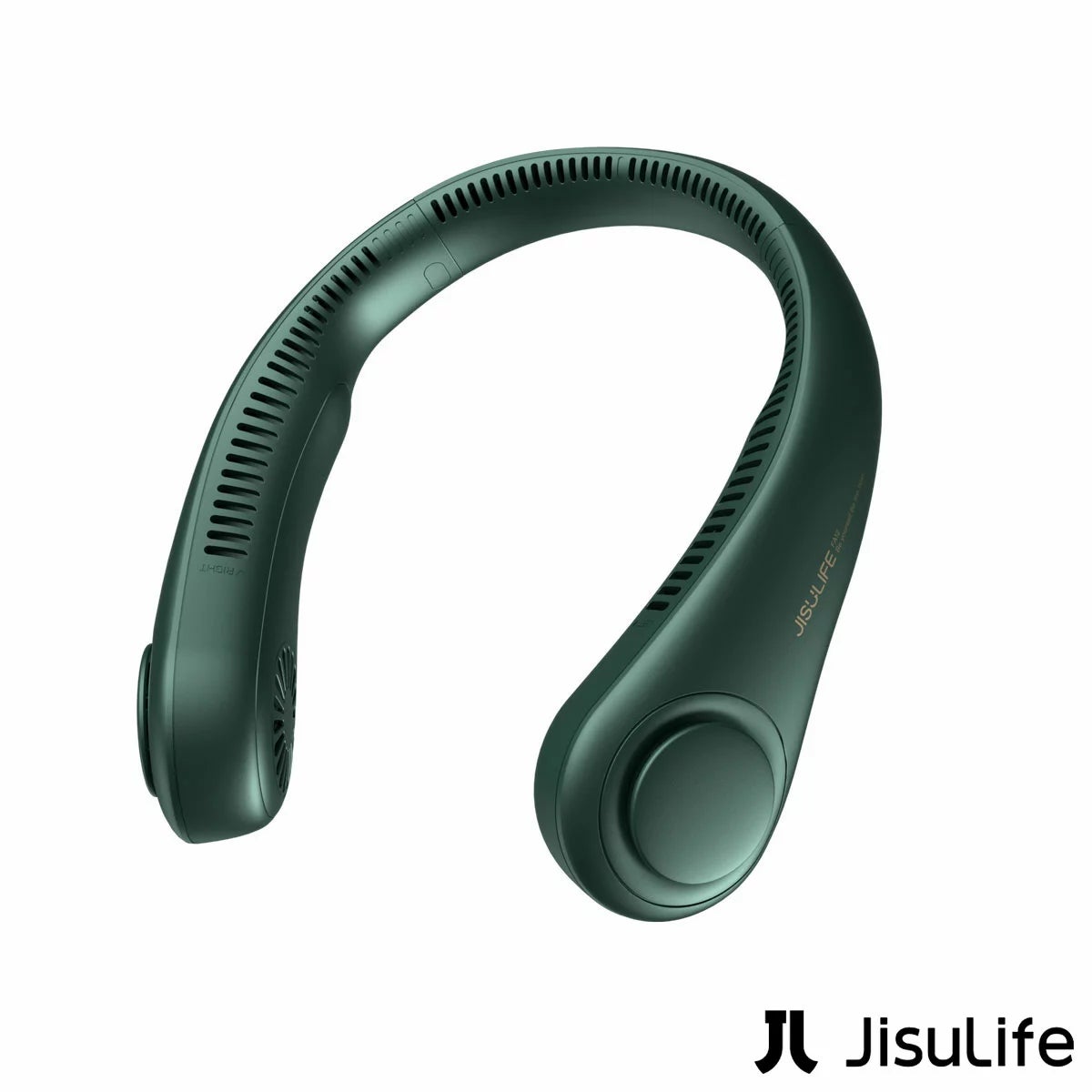 Front view of the JisuLife Portable Neck Fan 3 in a sleek finish showing the 360-degree air vents and smooth hair-safe casing.