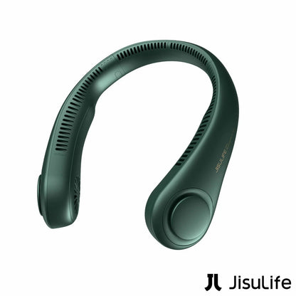 Front view of the JisuLife Portable Neck Fan 3 in a sleek finish showing the 360-degree air vents and smooth hair-safe casing.