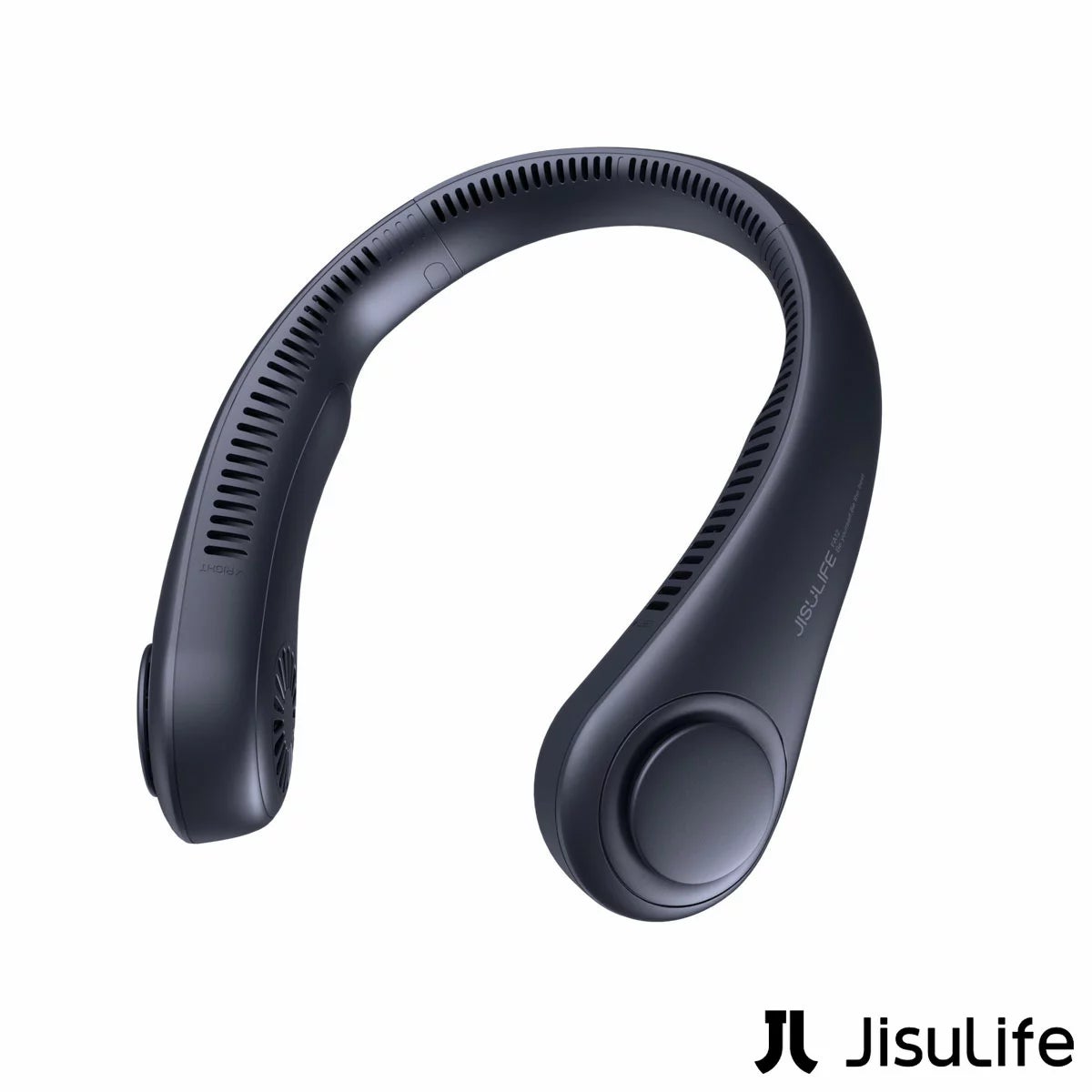 Front view of the JisuLife Portable Neck Fan 3 in a sleek finish showing the 360-degree air vents and smooth hair-safe casing.