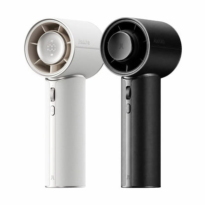 Front view of the JisuLife Pro1 Mini Handheld Fan in Starry White showing the PU leather grip, LED speed screen, and compact fan head.