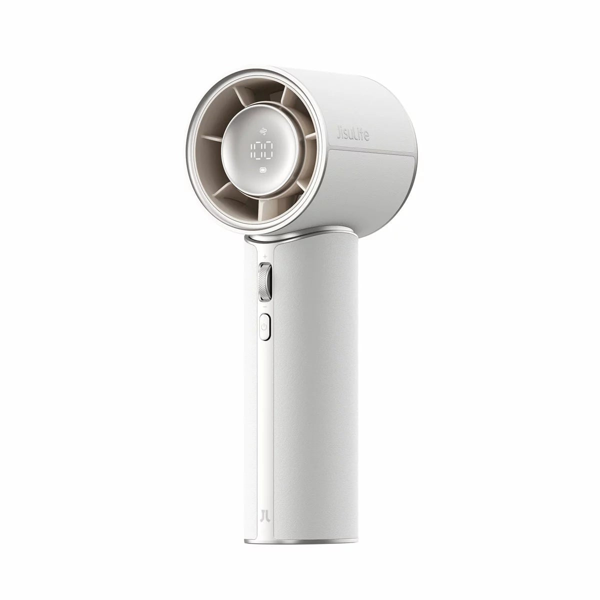 Front view of the JisuLife Pro1 Mini Handheld Fan in Starry White showing the PU leather grip, LED speed screen, and compact fan head.