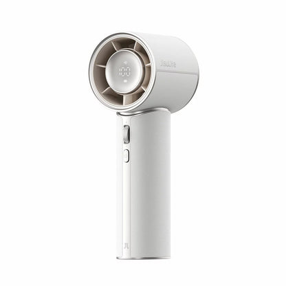 Front view of the JisuLife Pro1 Mini Handheld Fan in Starry White showing the PU leather grip, LED speed screen, and compact fan head.