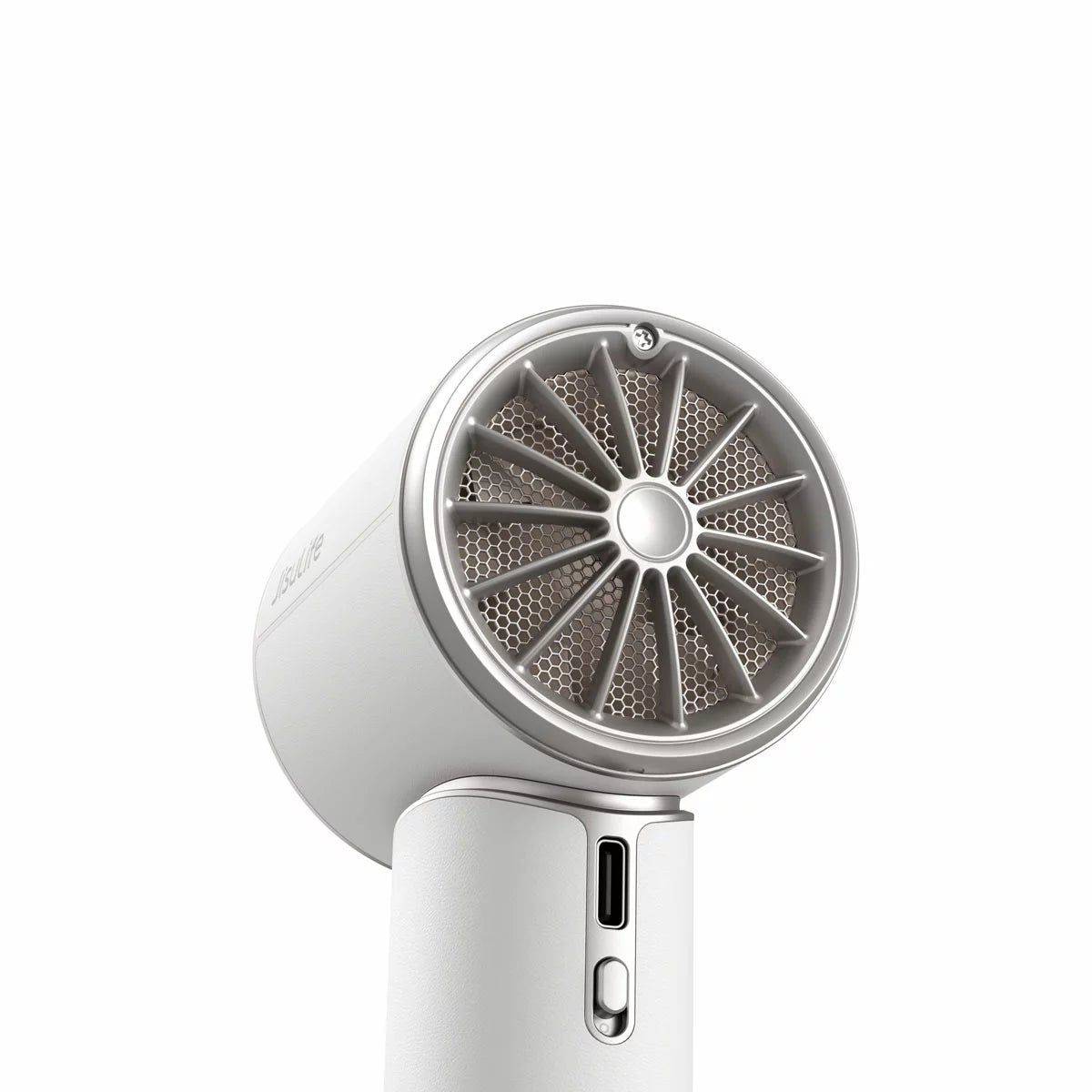 Front view of the JisuLife Pro1 Mini Handheld Fan in Starry White showing the PU leather grip, LED speed screen, and compact fan head.