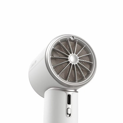 Front view of the JisuLife Pro1 Mini Handheld Fan in Starry White showing the PU leather grip, LED speed screen, and compact fan head.