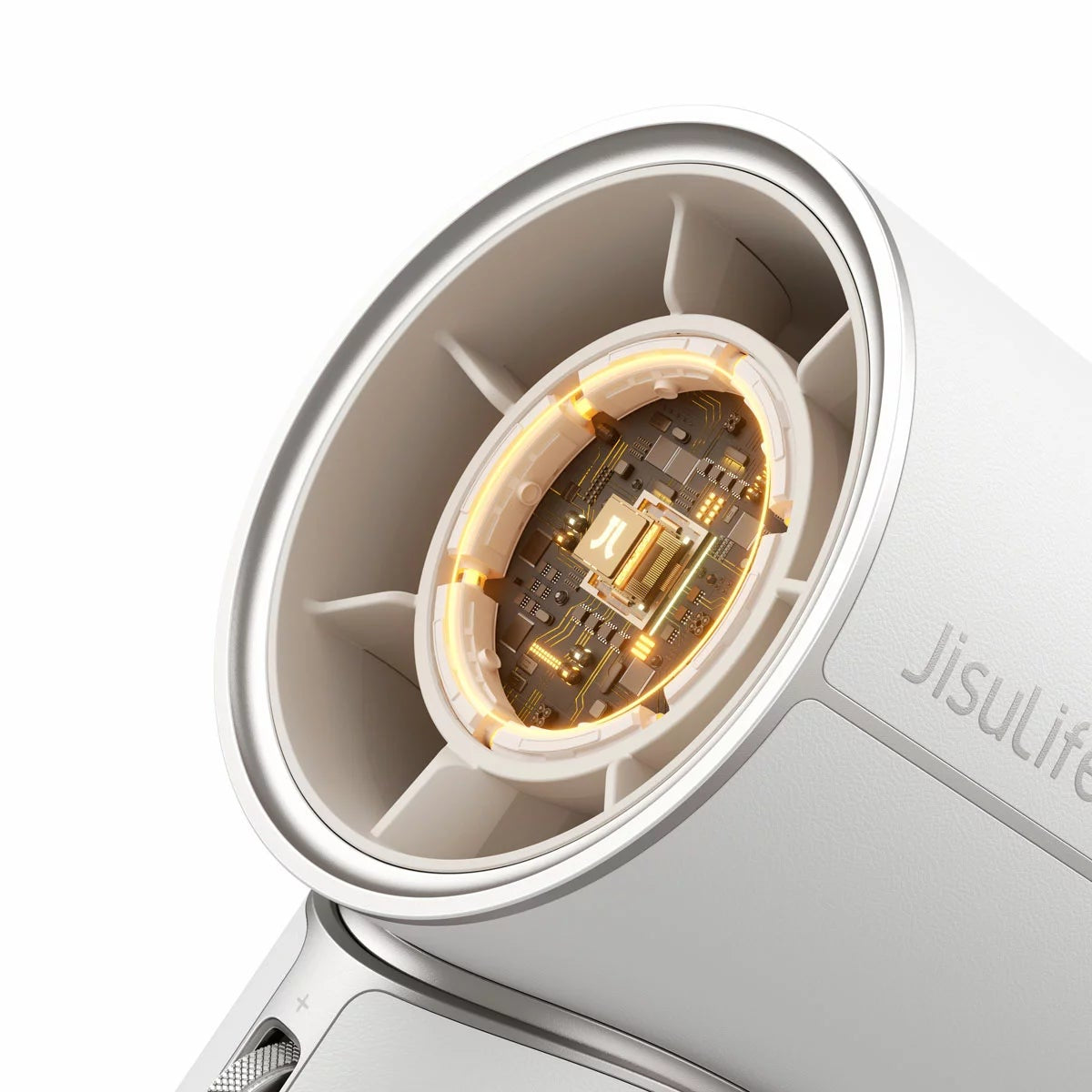 Front view of the JisuLife Pro1 Mini Handheld Fan in Starry White showing the PU leather grip, LED speed screen, and compact fan head.