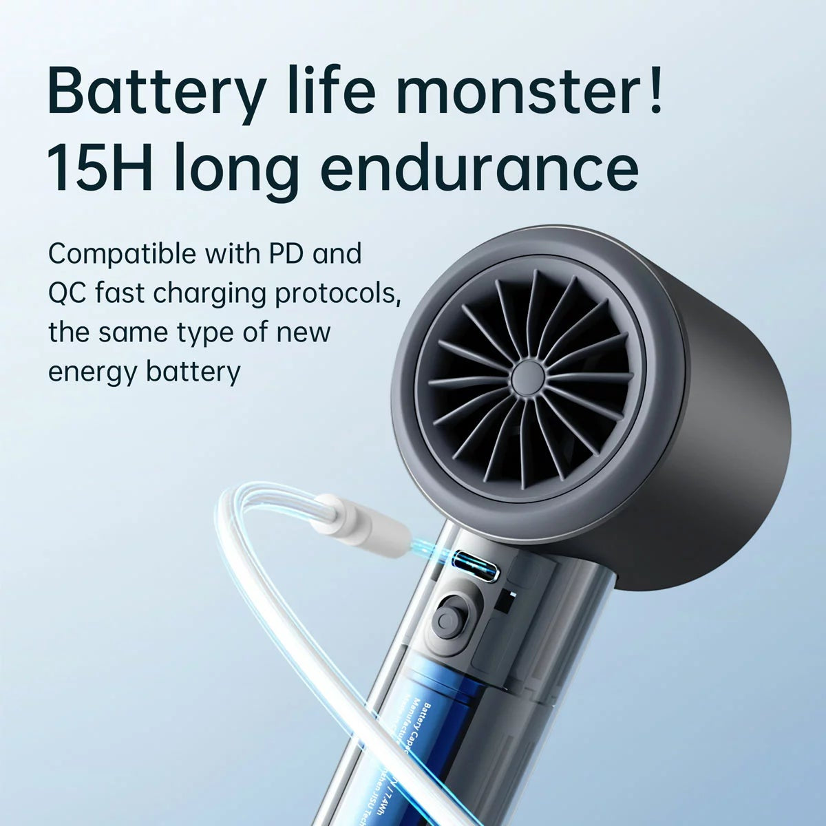 Sleek grey JisuLife Pro1 S handheld fan showing digital LED display and metallic turbine top held on a white background.