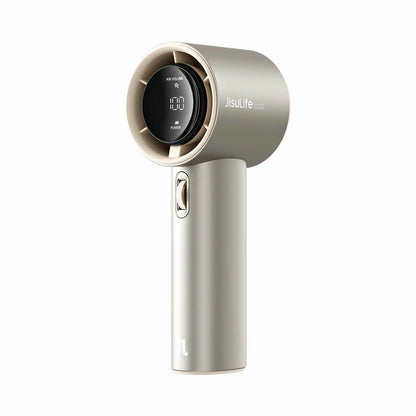 Sleek grey JisuLife Pro1 S handheld fan showing digital LED display and metallic turbine top held on a white background.