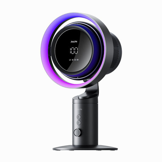 JisuLife Pro3 turbo table fan in grey on a desk, showcasing 100-speed dial control and 3D oscillating head design

