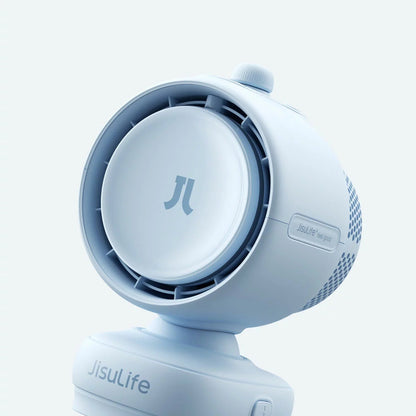 Blue JisuLife Stroller Fan 3 attached to a stroller handlebar with silicone legs, showing the LED digital display and blue housing.