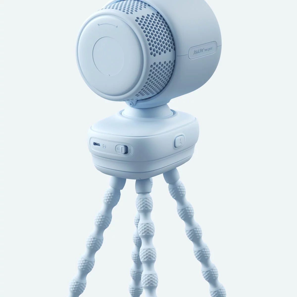 Blue JisuLife Stroller Fan 3 attached to a stroller handlebar with silicone legs, showing the LED digital display and blue housing.
