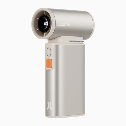 JisuLife Ultra1 handheld fan in matte finish showing the 100-speed scroll gear and internal jet turbine head.