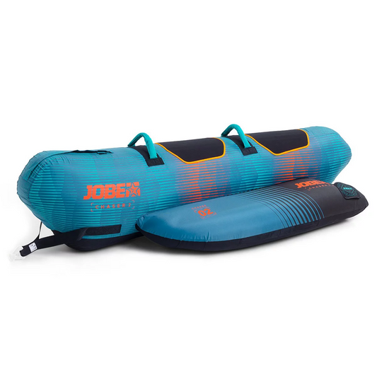 Yellow and red Jobe Chaser 2 person inflatable banana towable tube floating on clear blue lake water showing neoprene handles and tow connector.