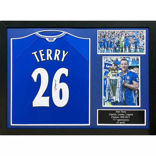 A professionally framed 2000-era Chelsea #26 jersey signed by John Terry, presented in a high-quality display case against a neutral professional backdrop.